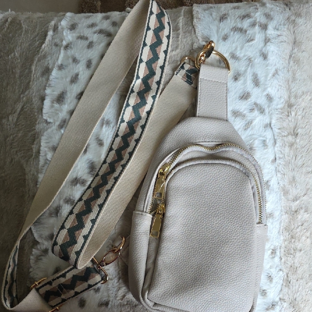 Elegant Beige Crossbody Or Belt Bag with Patterned Strap